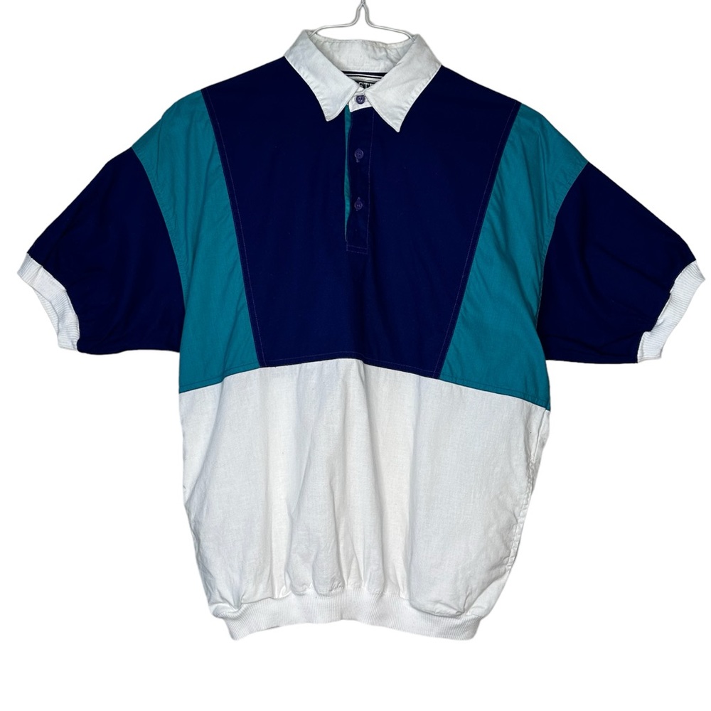 Men’s 1/4 Front Button Blue White Short Sleeve Shirt Medium